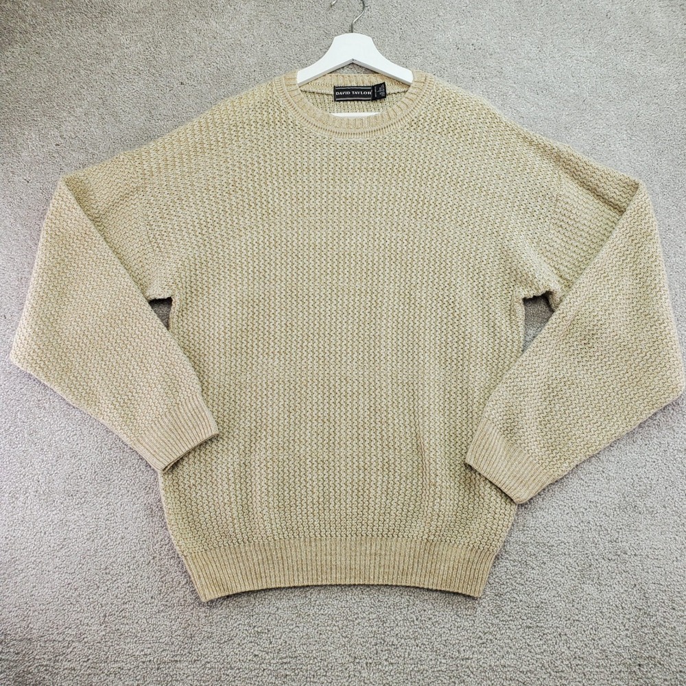David Taylor Men's Sweater Retro Knit Crew‎ Neck Beige Large Dad Grandpacore